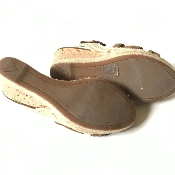 Prada Suede Cork Wedge Heels Sandals Womens 37 7 Brown Tan Platform Buckle Shoes - Picture 7 of 9